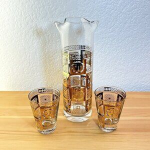 Georges Briard Mid-Century 22k Gold 2 Lowball Glasses & Pitcher Signed Vintage